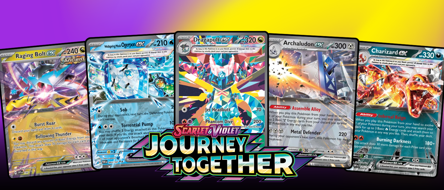 ad for the Scarlet and Violet: Journey Together expansion from Pokémon showing Raging Bolt ex, Wellspring Mask Ogerpon ex, Dragapult ex, Archaludon ex and Charizard ex 